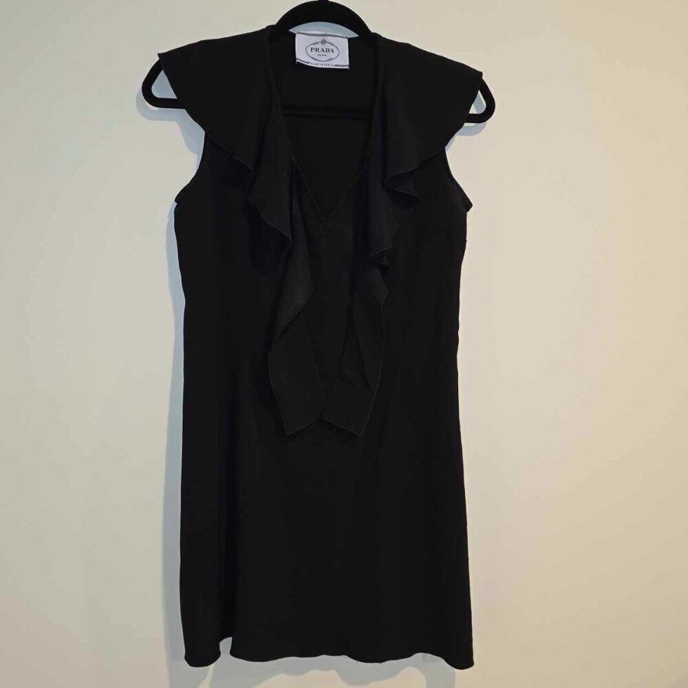 Vintage Prada Dress - Acetate Viscose - Ruffle Neckline Little Black Dress - Picture 5 of 14